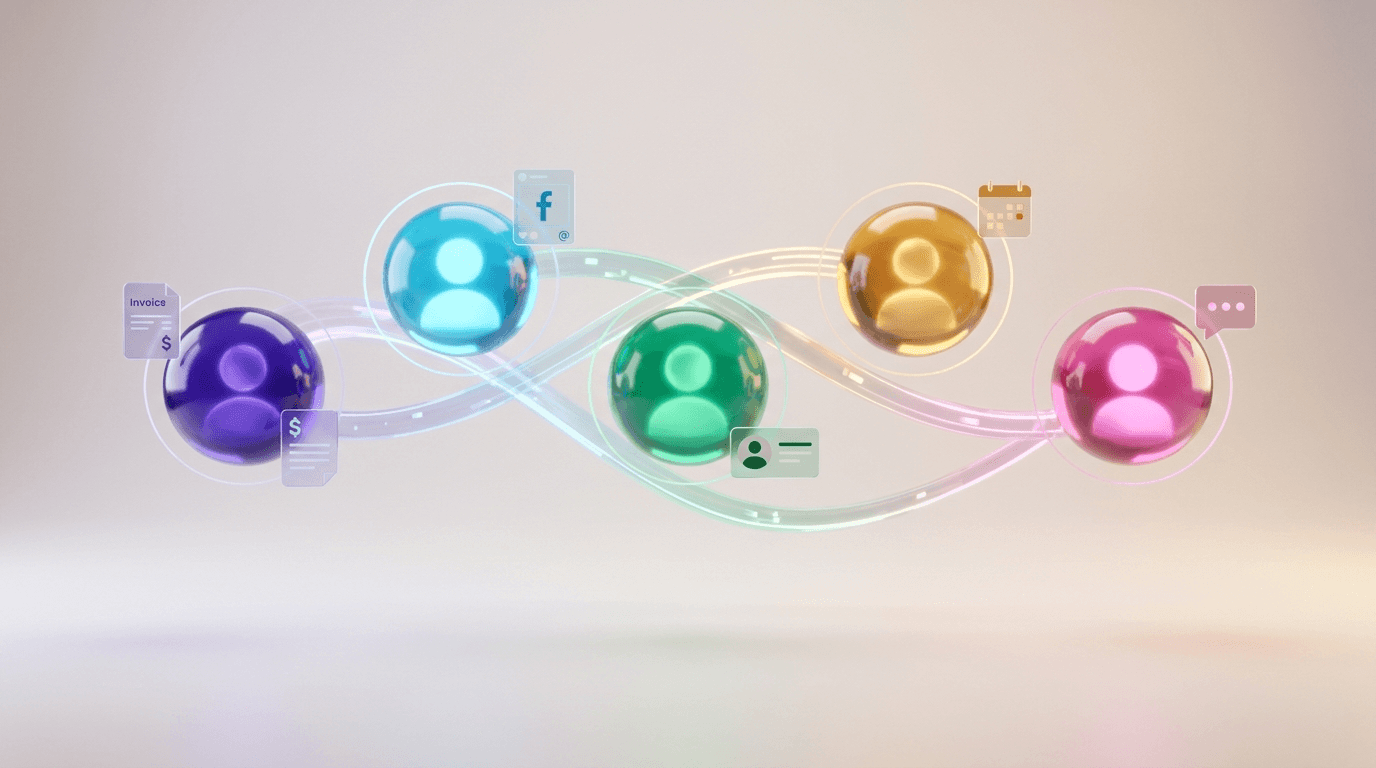 Five distinct agentic AI employees working together — Marketing, Sales, Finance, Operations, and Customer Success — connected by flowing light streams